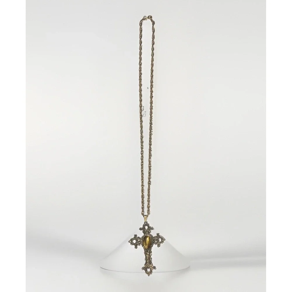 Vintage Ornate Tiger's Eye Cross Pendant Necklace Gold Tone Victorian 24